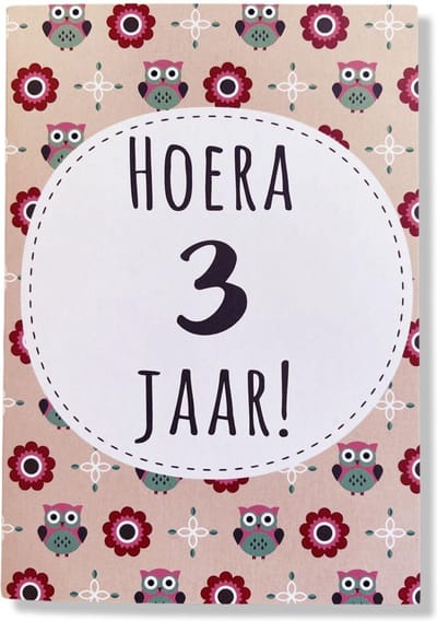 Hoera 3 Jaar! Luxe verjaardagskaart - 12x17cm - Gevouwen Wenskaart inclusief envelop - Leeftijdkaart