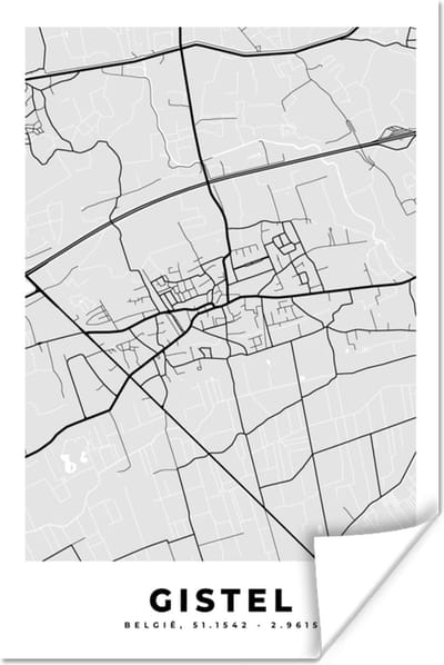Poster Stadskaart – Plattegrond – België – Zwart Wit – Gistel – Kaart - 120x180 cm XXL