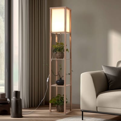 Lindby - vloerlamp hout - 1licht - Hout, textiel - H: 159 cm - E27 - houtkleurig, wit