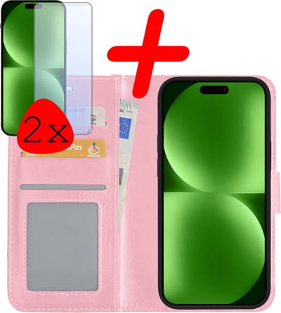 Hoesje Met 2x Screenprotector - Geschikt voor Apple iPhone 15 - Luxe Pasjeshouder - Bookcase Portemonee - Flip Case - Kunstleer Book Case - Flipcase Hoes - Book Cover - Walletcase - Portemonneehoes - Lichtroze