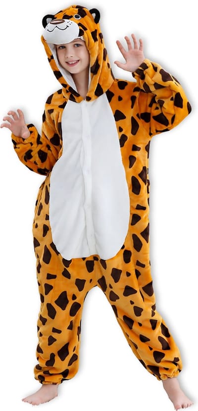 BoefieBoef Dieren Onesie Verkleedkleding Kinderen 10-14 jaar – Comfortabele Kostuum Pyjama – Maat 140 tot 160 – Dierenpak voor Jongens en Meisjes – Feest, Carnaval Verkleedkleding - Kerst, Dierenpak - of Verjaardag Cadeau - Panter Oranje
