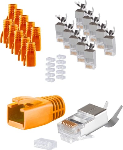 RJ45 krimp connectoren (STP) voor CAT6/6a/7/7a netwerkkabel (vast/flexibel) - 10 stuks (3-delig) / oranje