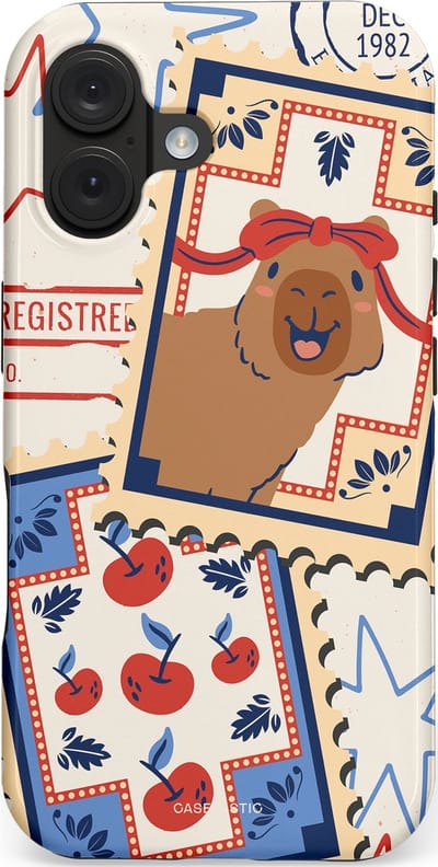 Casetastic hoesje geschikt voor Apple iPhone 16 - MagSafe - Dubbellaagse bescherming - Kerst Capibara Post van de Noordpool - Fashion Case - Lichtgrijs Zand Terracotta