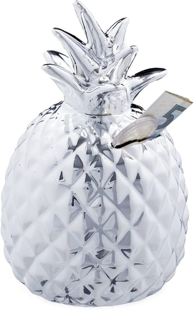 spaarpot ananas - afsluitbaar - 2 sleutels - keramiek - 16 x 9 cm - zilver