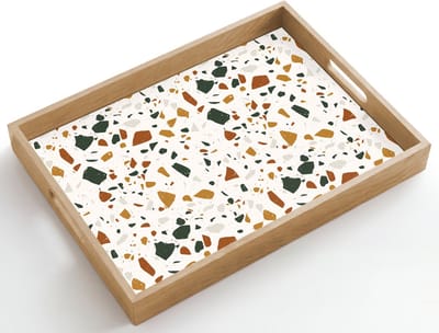 Dienblad hout 50x35 cm - Schootdienblad - Terrazzo - Patroon - Wit - Terra - Borrelplank rechthoek - Plateau dienbladen
