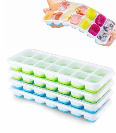IJsblokjesvorm - 4 Stuks Silicone met Deksel - 14 Vakken Per Tray - Eenvoudig te Verwijderen - Blauw/Groen