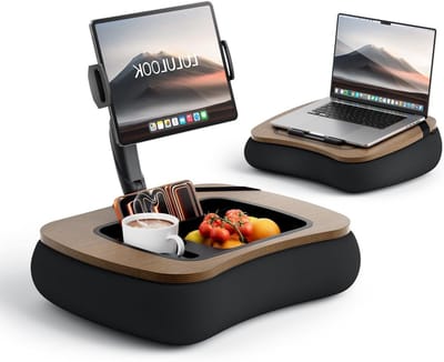 Laptop- en iPad-kussen met bonenzak, verstelbare tabletstandaard met draaibare arm en snackkom voor apparaten van 4,7 tot 16 inch