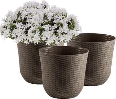 Bloempot/plantenpot - 3x - taupe - kunststof - D32 cm - gevlochten mand look - binnen/buiten gebruik