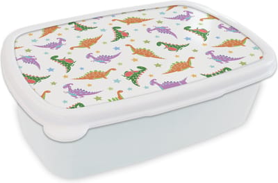 Broodtrommel Wit - Lunchbox - Brooddoos - Dino - Patronen - Sterren - Jongens - Meisjes - Kinderen - Kids - 18x12x6 cm - Volwassenen
