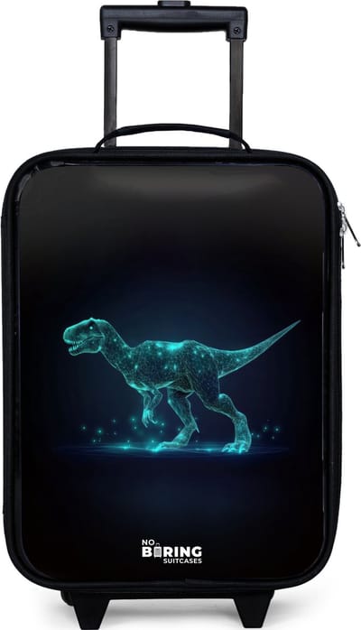 NoBoringSuitcases.com® - Kinderkoffer jongen - Kindertrolley meisje - Digitale T-Rex in blauw lichtveld - Koffer kind lichtgewicht - Reiskoffer trolley voor kinderen - Koffertje met lichtgevende wieltjes - Rolkoffer zwart