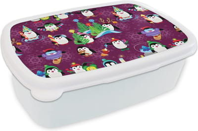 Broodtrommel Wit - Lunchbox - Brooddoos - Pinguïn - Kerstmis - Vuurwerk - Winter - Design - 18x12x6 cm - Volwassenen