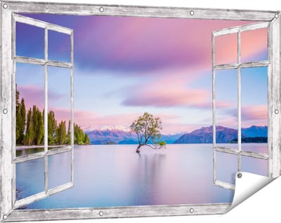 Gards Tuinposter Doorkijk Wanaka Boom in het Water bij Zonsopgang - 120x80 cm - Tuindoek - Tuindecoratie - Wanddecoratie buiten - Tuinschilderij
