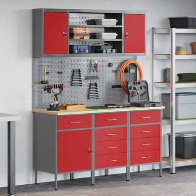 vidaXL - Werk - Cabinet - 7 - st - Rood - en - Grijs - Engineered - hout - en - staal