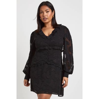 boohoo Dames Plus Burnout Chiffon Ruffle Smock Jurk | Zwart | Maat: 44