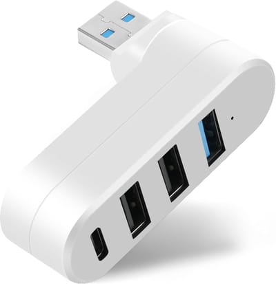 Mini USB 3.0-hub-adapter (1x 3.0, 2x 2.0, 1x Type-C), 4-poorts splitter draaibaar 90°/180°, snelle uitbreiding voor laptop, flashdrives, mobiele HDD, MacBook (wit)