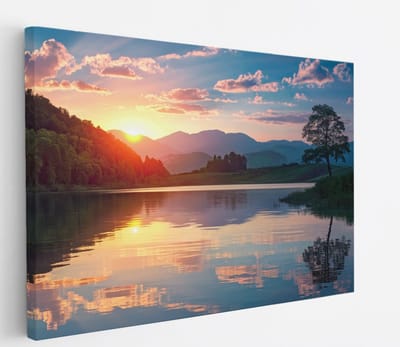 Saammp Canvas Schilderij - Groot meer met zonsondergang - Landschap - Natuur - 45x30 - Foto op canvas - Wanddecoratie - Muurdecoratie Woonkamer - Slaapkamer decoratie - Canvas Print