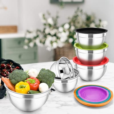 Mixkommen Set van 6 RVS, Stapelbare Saladeschalen met Luchtdichte Deksel, Ideaal voor Mixen en Serveren, Vaatwasserbestendig, Capaciteit 4.5L tot 0.7L
