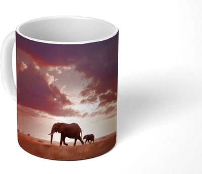 Mok - Koffiemok - Olifanten - Grasland - Zonsondergang - Mokken - 350 ML - Beker - Koffiemokken - Theemok