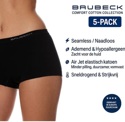 Brubeck Dames Boxershort – Naadloos (Seamless) Elastisch Katoen – 5-Pack - Zwart M