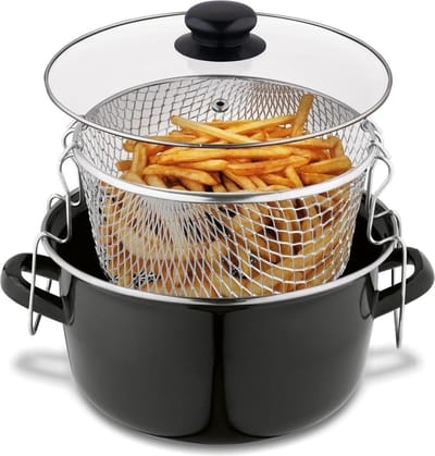 Emaille friteuse pan met glazen deksel - zwart - kleine friteuse voor frituren met zeef