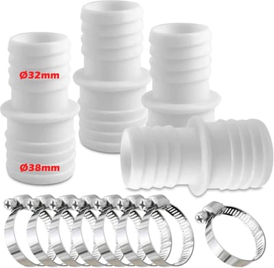 4 sets zwembadslangaansluitingen - Slangaansluitingen met klemmen - Diameter 32 mm tot 38 mm - Met 8 slangklemmen - Zwembadslangadapter - Slangadapter - Wit - 7,4 cm