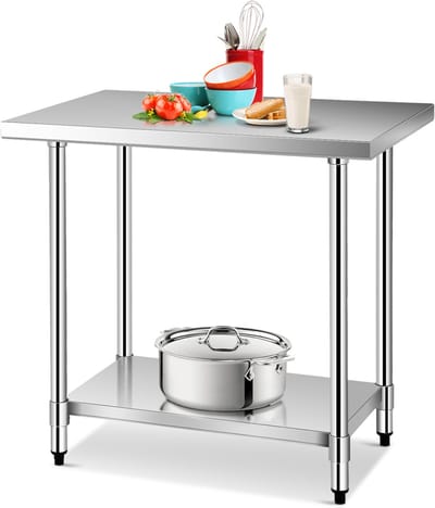 COSTWAY Roestvrijstalen keukentafel met in hoogte verstelbare legplank, werktafel Gastro tafel roestvrij stalen tafel bereidingstafel met tussenbord (92 x 61 x 90 cm)