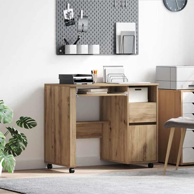 vidaXL - Bureau - met - Wielen - Artisan - Eiken - Bewerkt - hout - 91 - x - 50 - x - 77 - cm