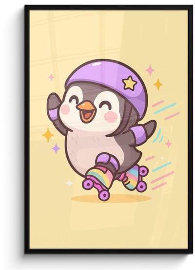 Poster in lijst - Fotolijst 80x120 cm - Posters - Pinguïn - Rolschaatsen - Geel - Energiek - Posterlijst zwart - Decoratie - Wanddecoratie woonkamer - Muurdecoratie slaapkamer