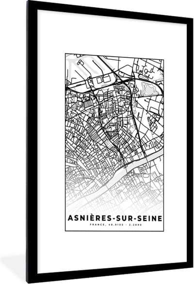 Fotolijst incl. Poster Zwart Wit- Plattegrond - Asnières-sur-Seine - Kaart - Frankrijk - Stadskaart - Zwart wit - 60x90 cm - Posterlijst