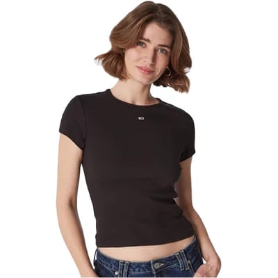 T-shirt Universal Essential Côtelé Tommy Hilfiger voor dames in zwart