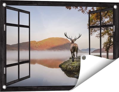 Gards Tuinposter Doorkijk Hert bij een Meer - 60x40 cm - Tuindoek - Tuindecoratie - Wanddecoratie buiten - Tuinschilderij
