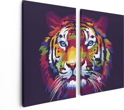 Artaza Canvas Schilderij Tweeluik Kleurrijke Tijger - Abstract - 80x60 - Foto Op Canvas - Canvas Print