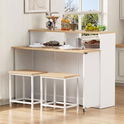 BLACKCOLORS Keukeneiland op wieltjes, keukeneiland met uitschuifbare tafel en stoelen, buffetkast met veel opbergruimte, ideaal voor de keuken en eetkamer als buffet (wit)