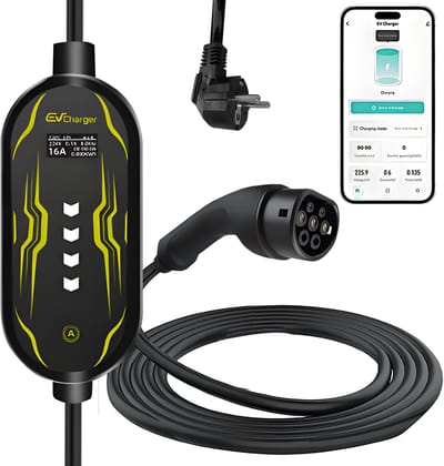 Junsun EV Mobile Wallbox: laadapparaat voor elektrische auto's | Type 2-laadkabel met geaarde stekker, 3,5 kW, 16 A, 5 m | CEE & TYPE 2-stekker | 3 jaar garantie & LCD Display