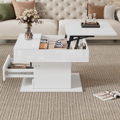 MODENUIT Salontafel - 360 Graden Draaibaar En Verstelbaar Tafelblad - Voor Woonkamer - Wit Hoogglans - 70x70x45 Cm