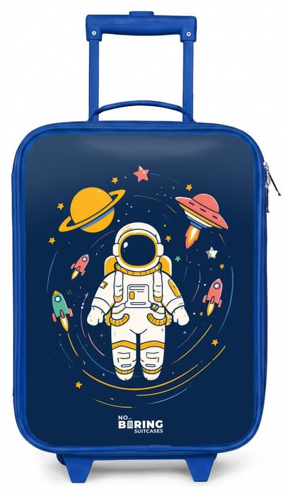 NoBoringSuitcases.com® - Kinderkoffer blauw - Kindertrolley jongen - Astronaut - Planeet - Sterren - Raket - Koffer kind lichtgewicht - Reiskoffer trolley voor kinderen - Koffertje met lichtgevende wieltjes - Rolkoffer