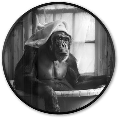 Poster in lijst Rond - Fotolijst 60x60 cm - Posters - Aap - Dier - Bad - Zwart - Wit - Humor - Ronde posterlijst zwart - Decoratie - Wanddecoratie woonkamer - Muurdecoratie slaapkamer