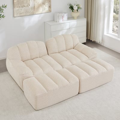 MODENUIT Hoekbank 2-Zits - Modulair Met 2 Ottomans - Voor Woonkamer En Appartement - Fleece - Beige Wit