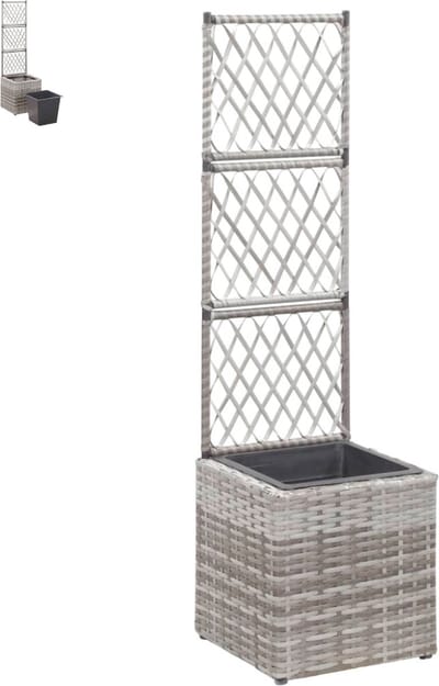 Plantenbak met klimrek - Weerbestendig - Bloembak - Met trellis - Buiten - Plastic - 3 vakken - Plantenrek - Vierkant- 18 Liter - Grijs