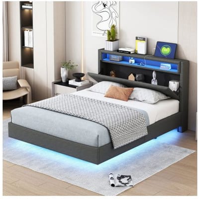 Lit - MUVOE - 140x200 cm - Prise USB - Éclairage LED - Tête de lit réversible gris