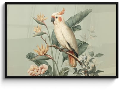 Poster in lijst - Fotolijst 120x80 cm - Posters - Gele kuifkaketoe - paradijsvogelbloemen - Groen - Posterlijst zwart - Decoratie - Wanddecoratie woonkamer - Muurdecoratie slaapkamer