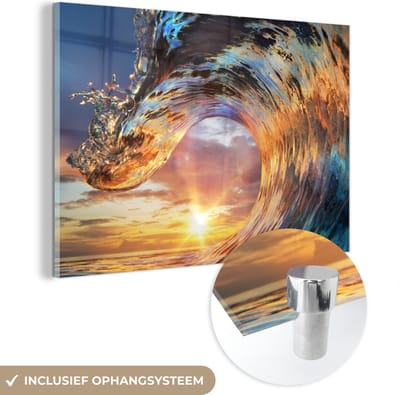MuchoWow® Glasschilderij 120x80 cm - Schilderij acrylglas - Zee - Zon - Kleuren - Foto op glas - Muurdecoratie woonkamer - Wanddecoratie slaapkamer - Schilderijen