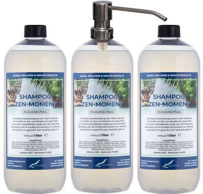 Shampoo Zen Moment - 1 liter (transparant) - 3 stuks - met zilveren pomp - Voordeelverpakking - Haarverzorging