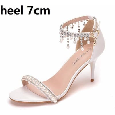 Crystal Queen Fashion Dames Sandalen Hoge Hakken Parel Pumps Open -Toed Stiletto Sexy Enkelband Feestschoenen 35 beige