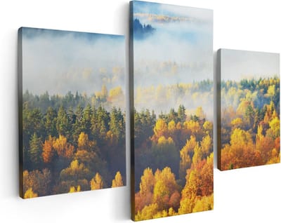 Artaza Canvas Schilderij Drieluik Gekleurde Herfstbos Met Mist - 90x60 - Foto Op Canvas - Canvas Print