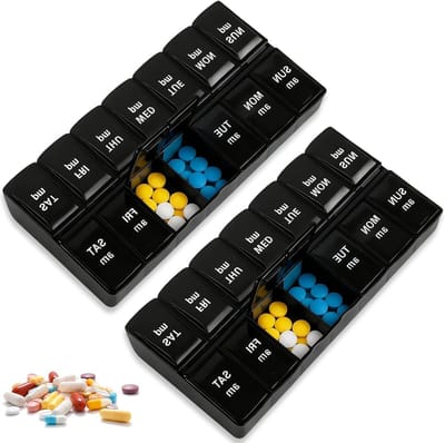 2 stuks grote medicijnbox met 7 dagen pillendoos, tablettenbox voor 's ochtends en 's avonds - zwart met onafhankelijke vakken, geschikt voor tabletten, visolie en vitamines