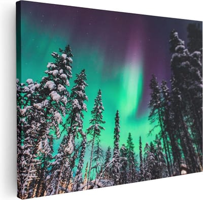 Artaza Canvas Schilderij Winterlandschap - 40x30 cm - Klein - Wanddecoratie Noorderlicht - Muurdecoratie Bomen - Kamer Accessoires Bos