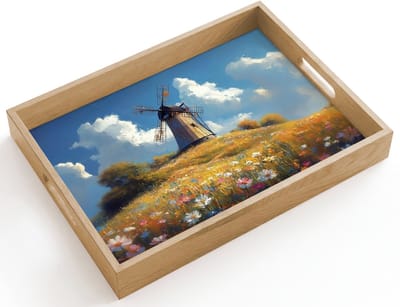 Dienblad hout 40x30 cm - Schootdienblad - Windmolen - Heuvel - Bloemen - Kleurrijk - Borrelplank rechthoek - Plateau dienbladen
