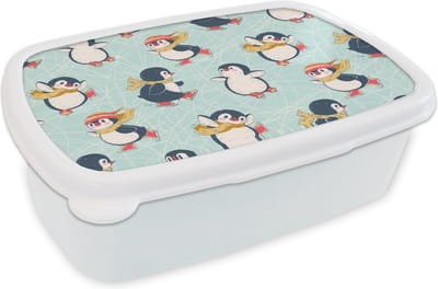 Broodtrommel Wit - Lunchbox - Brooddoos - Kinderen - Pinguïn - Schaatsen - Winter - Patronen - 18x12x6 cm - Volwassenen