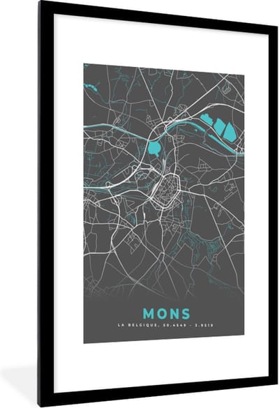 Fotolijst incl. Poster - Stadskaart – Grijs - Kaart – Mons – België – Plattegrond - 60x90 cm - Posterlijst